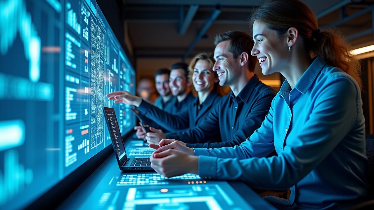 Diverse team of Tech Lion PC experts collaborating in a modern, brightly lit office, embodying mission and expertise.