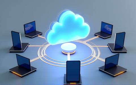 Abstract depiction of cloud computing infrastructure connecting to multiple devices.