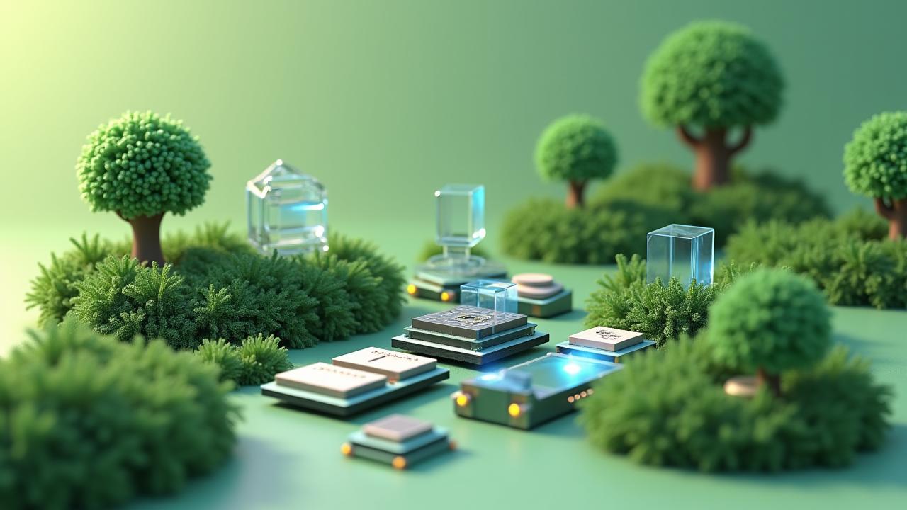 Illustration of various computer components (RAM, CPU, GPU) being reused or repurposed in creative ways, symbolizing extended lifecycle and reduced waste.