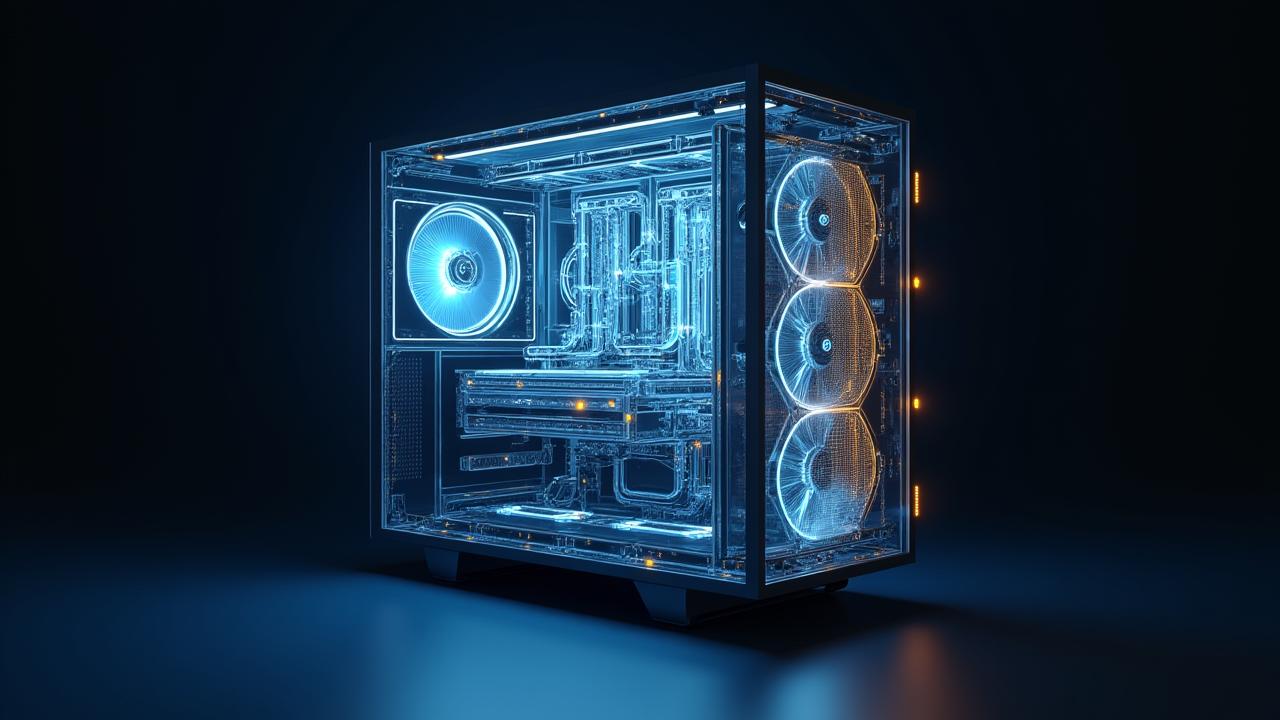 Abstract visualization of energy flow within a computer system, showing optimized paths and reduced waste, representing energy efficiency.
