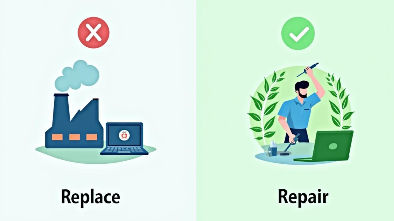 Infographic comparing the environmental impact of manufacturing new electronics versus repairing old ones, highlighting CO2 emission differences.