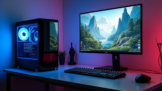 A sleek, modern mid-range gaming PC setup with a monitor and peripherals, highlighting a balanced performance for value.