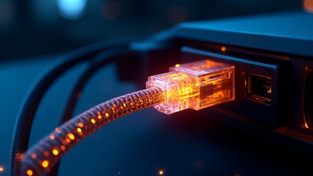 A network cable plugged into a router with digital lines representing data flow, illustrating network optimization for online gaming.
