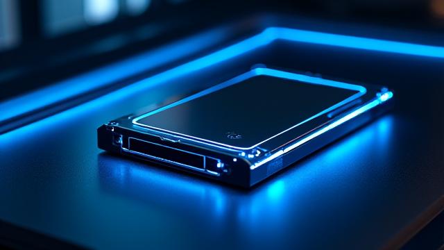 A solid-state drive (SSD) illuminated with futuristic light trails, highlighting fast storage performance and load times.