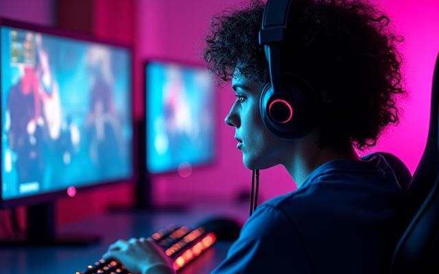 Esports gamer focused on multiple high-performance monitors, illustrating gaming PC optimization