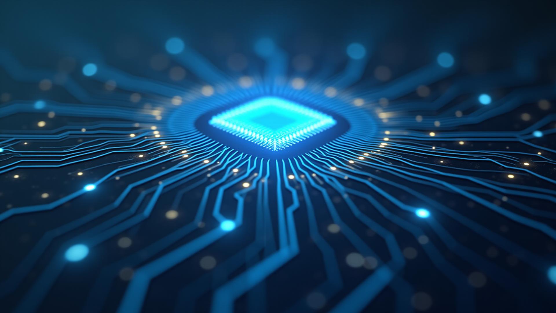 Abstract render of glowing blue circuit board with data flowing, symbolizing fast and effective PC solutions