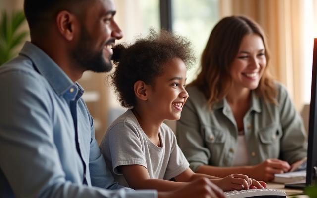 Family using a computer together, representing home user PC solutions