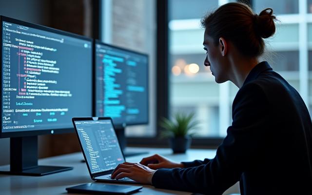 Professional working on a laptop with charts and graphs on screen, symbolizing business productivity