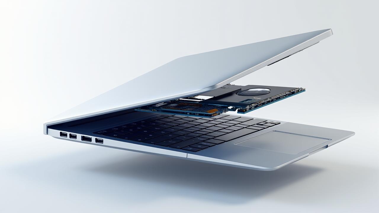 A sleek, modern laptop with an exploded view showing internal components like the screen, battery, and motherboard, highlighting repairable parts.