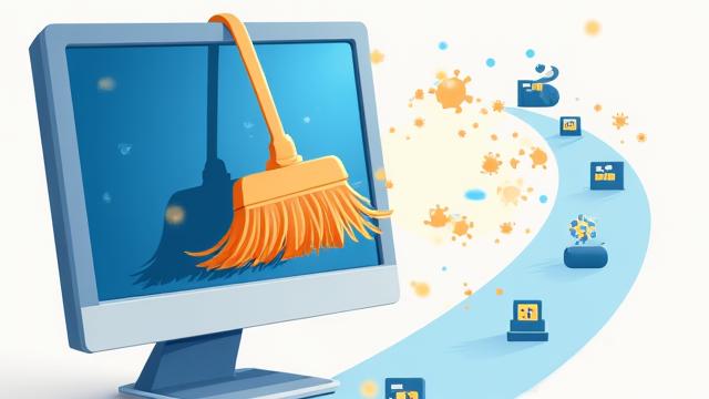 Digital broom sweeping away junk files on a computer screen