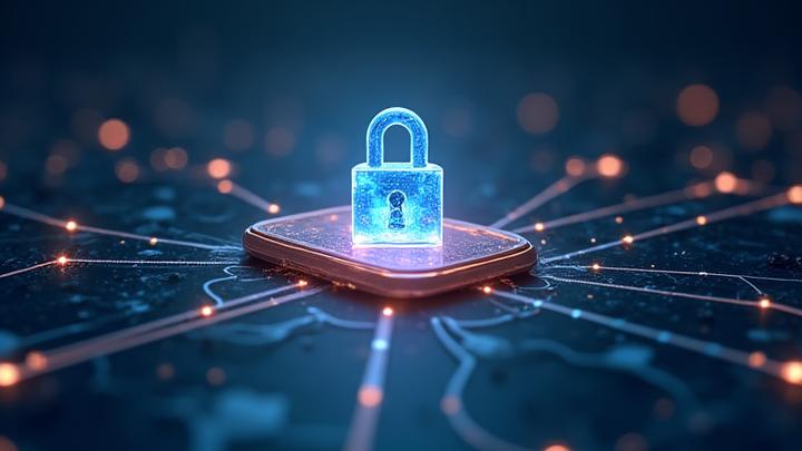 Digital padlock securely connecting to a network, symbolizing encrypted remote assistance.