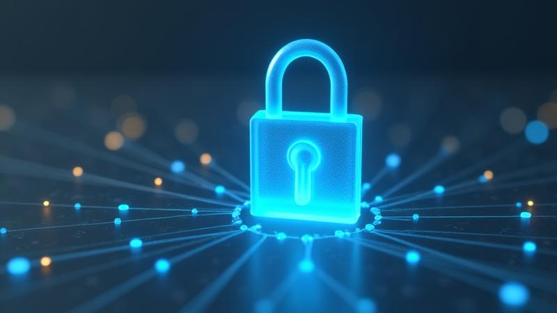 Illustration of a padlock icon superimposed over a network of interconnected devices, representing digital security and safe online conduct.