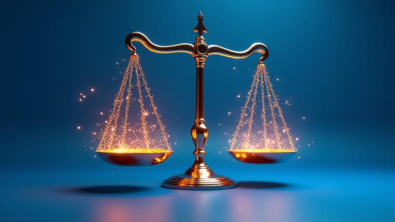 Abstract representation of a balanced scale with interconnected digital lines, symbolizing fair dispute resolution and legal processes.