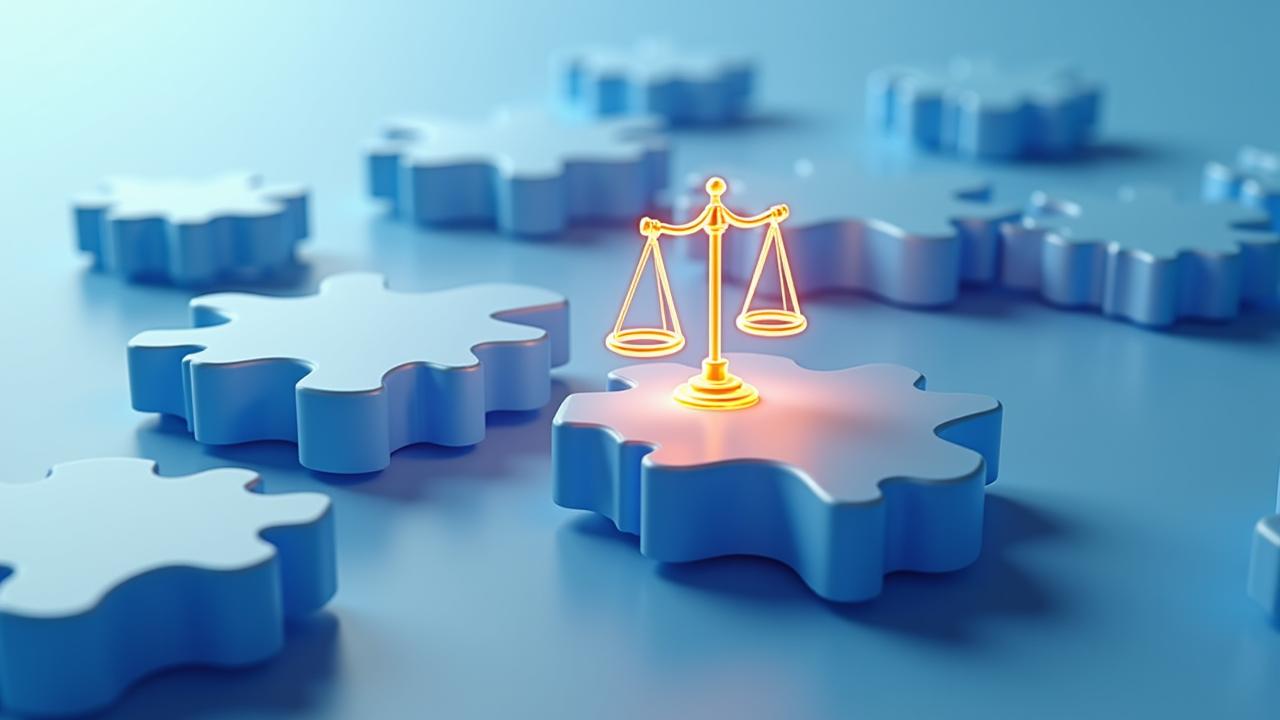 Abstract illustration of interlocking gears and legal scales, symbolizing robust, fair, and transparent policy frameworks.