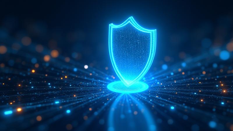 A glowing blue digital shield icon protecting various data points and user profiles, set against a dark, secure background, indicating robust data protection.