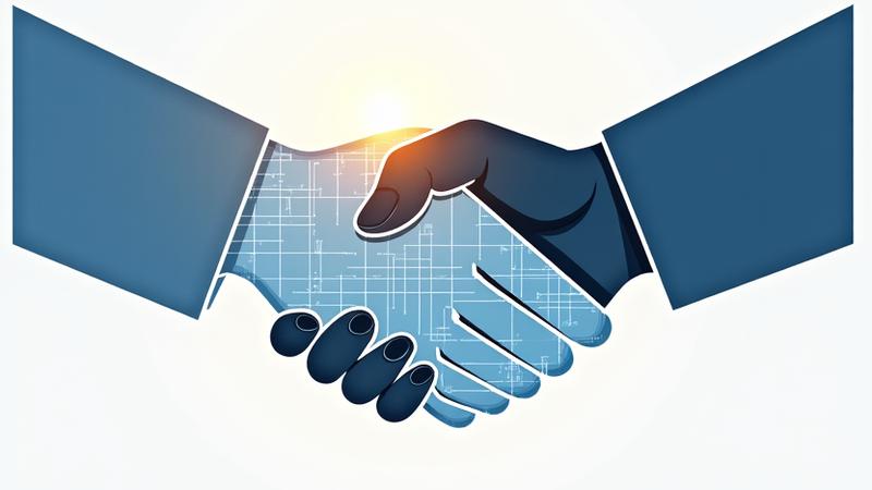 Stylized graphic of two hands shaking, overlayed with a blueprint grid, representing a clear service agreement and structured technical support.